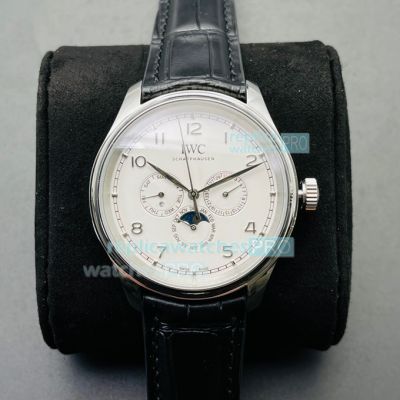 Swiss IWC Portuguese Perpetual Calendar Watch SS White Dial Black Leather Strap